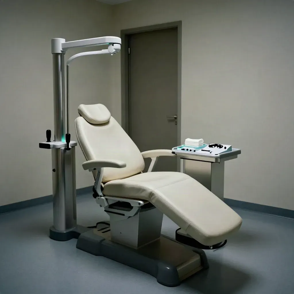 LASIK-screeningsruimte met diagnostische stoel, ringlichtkolom en steriele tray in koel licht