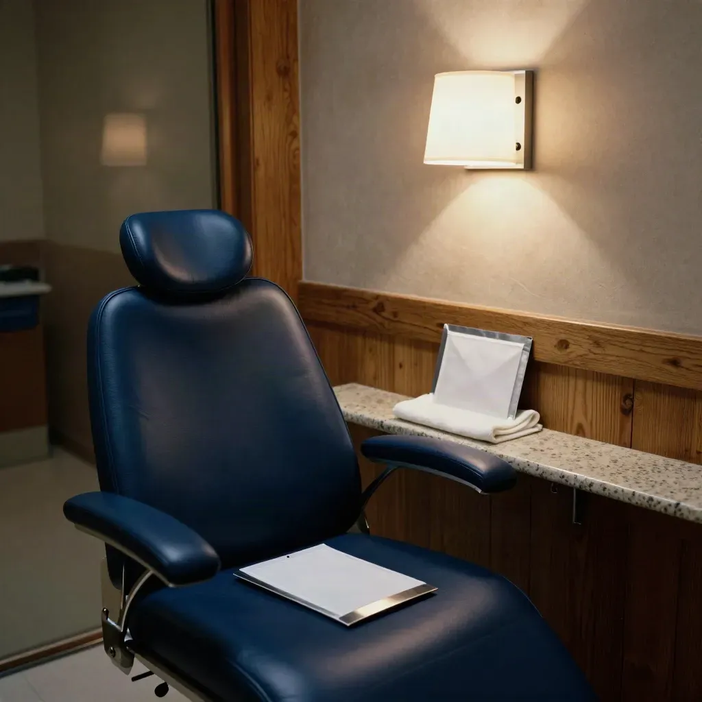 Geschiktheidstest in een warme kliniekhoek met stoel, kit en wandlamp.