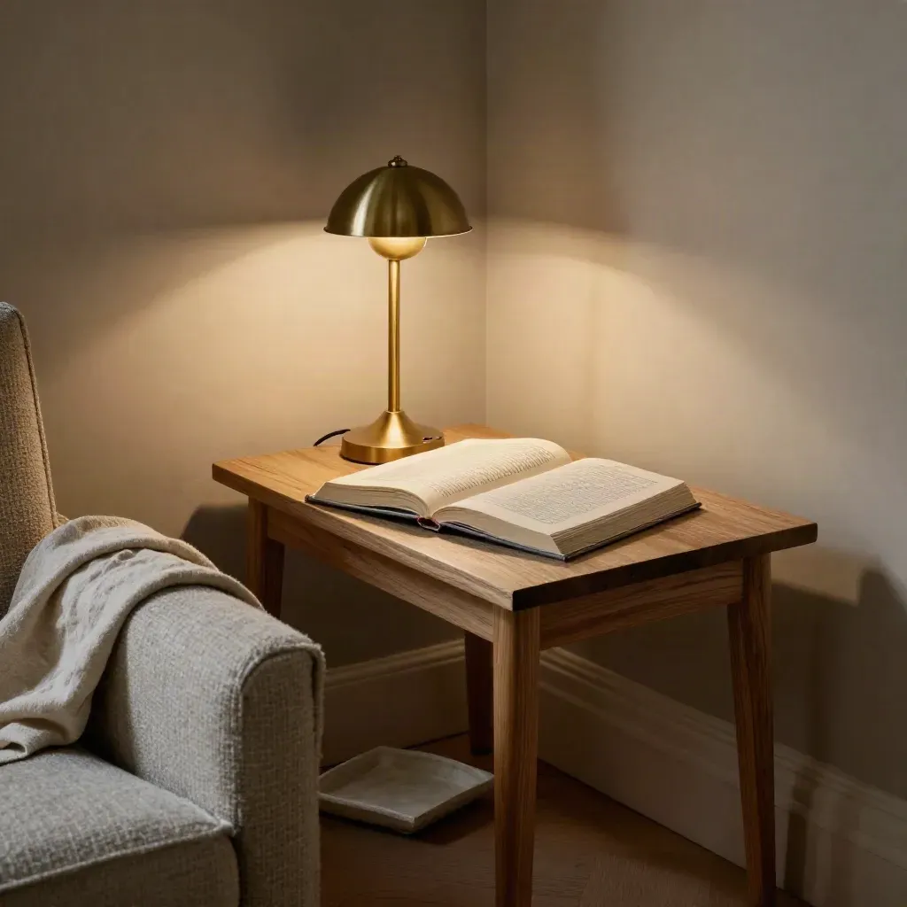 Leeskhoek met open boek, warme lamp en linnen doek in ochtendlicht