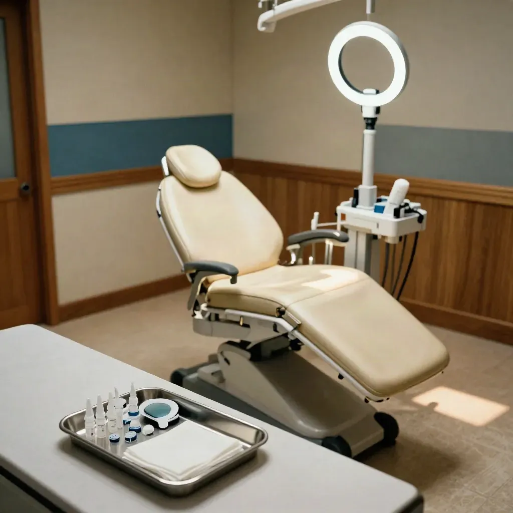 Lege ooglaser-consultkamer met behandelstoel, instrumentzuil en klaarstaande tray.