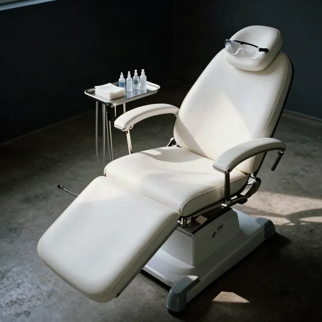 PRK-behandelruimte met recovery chair, oogschildjes, gaasjes en koel klinisch licht.