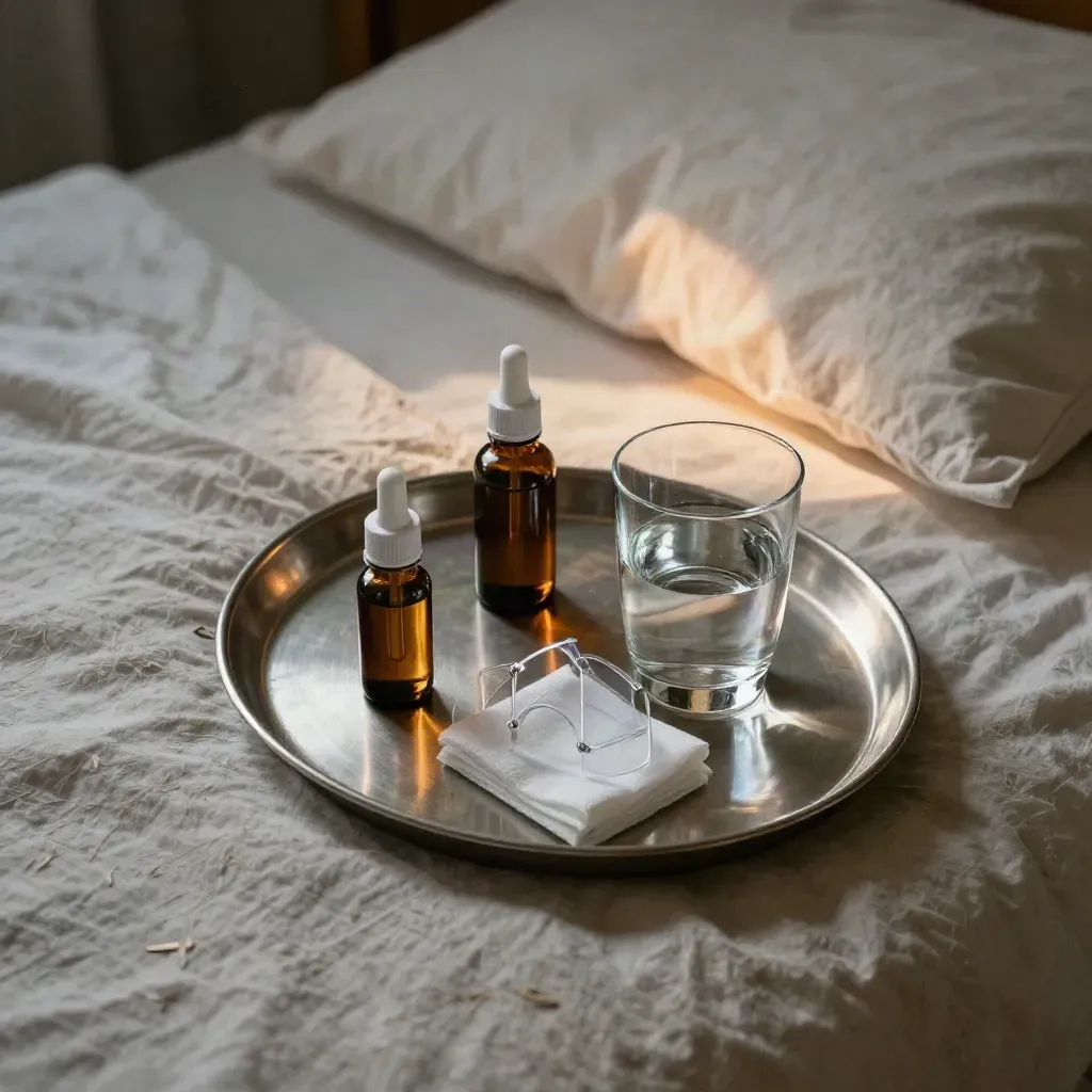 Bovenaanzicht van hersteltray naast een opgemaakt bed met oogdruppels, schilddoos en waterglas.