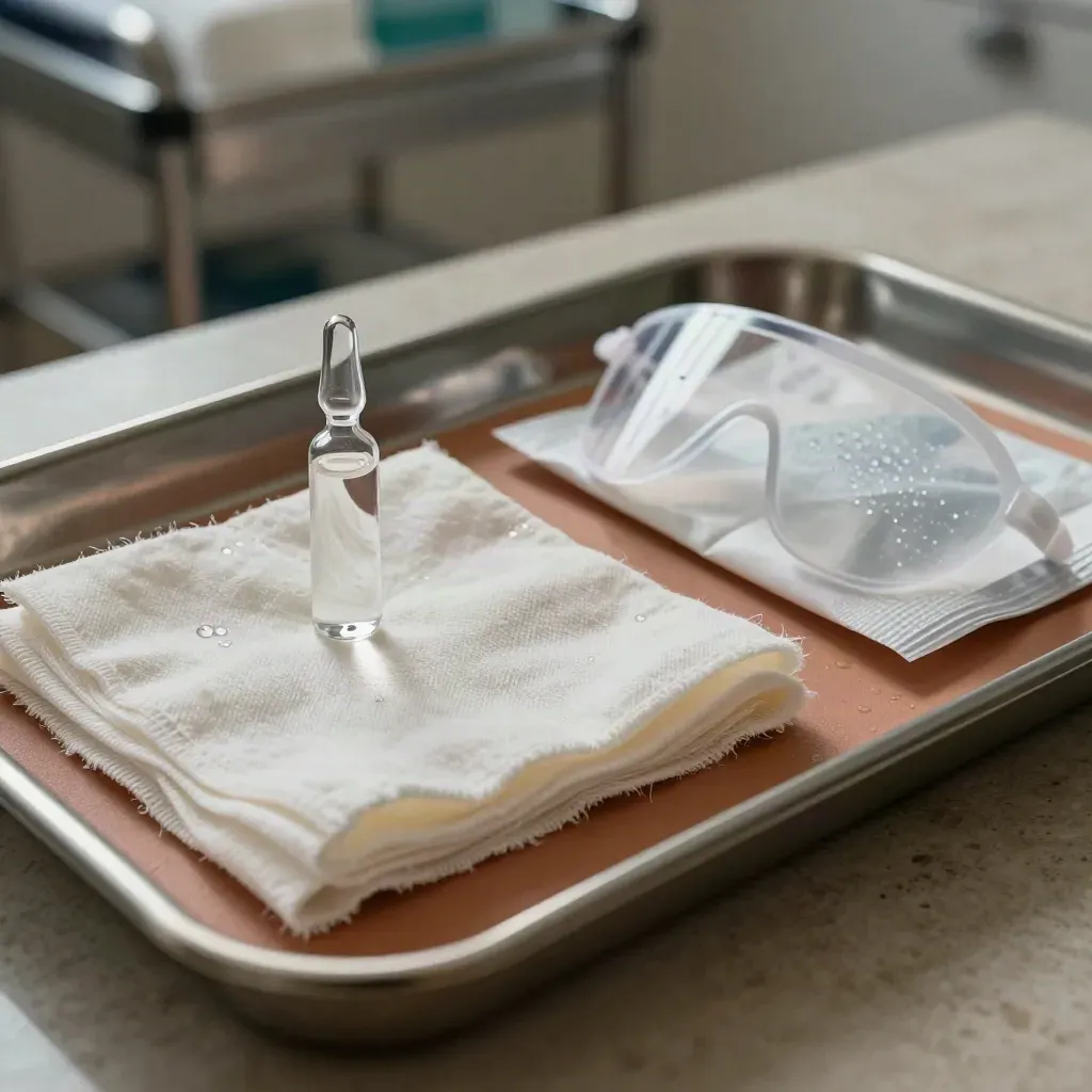 Tray voor nazorg met zoutampullen, gaas, oogschild en koud kompres.