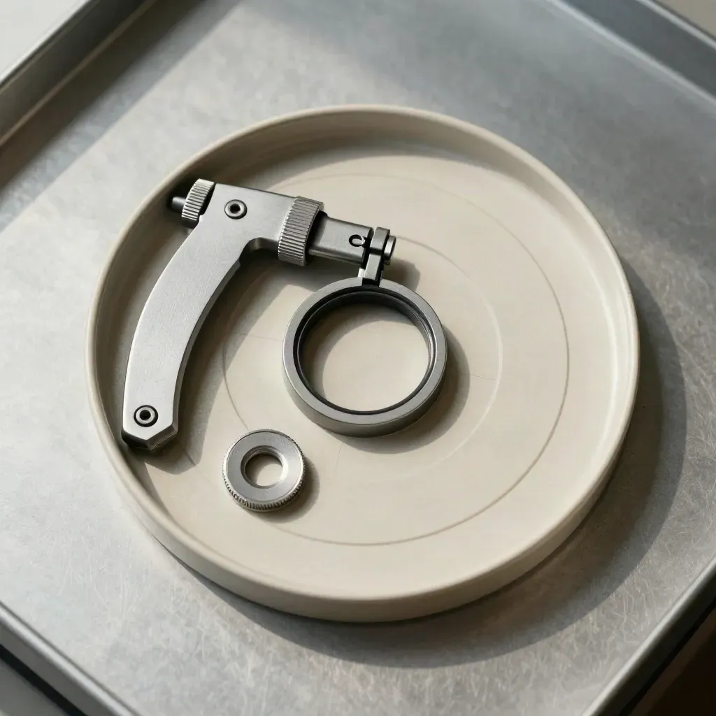 Oogmeetmodule met matte oogcup en uitlijnringen op een metalen tray.
