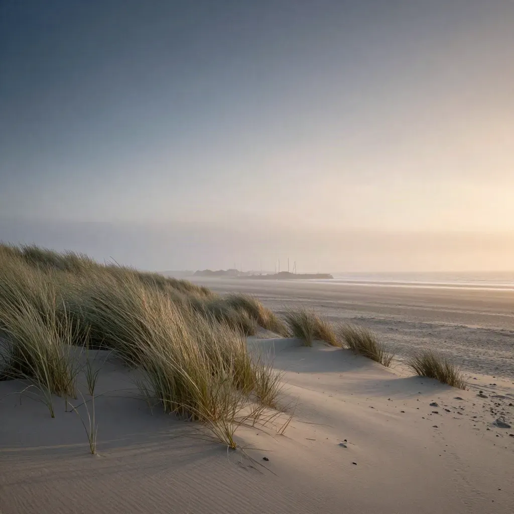 Noord-Holland bij zonsopkomst met duinen, mist en een verre havenlijn